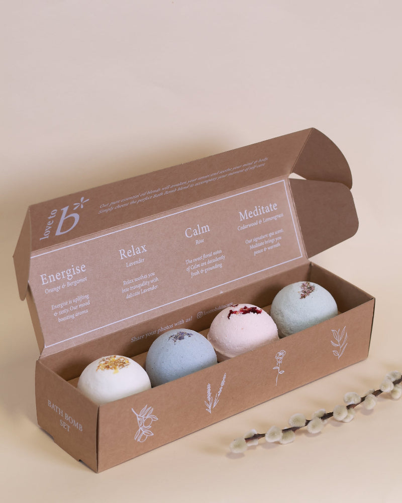 Love to b natural bath bomb gift set: box of four handmade bath bombs infused with essential oils