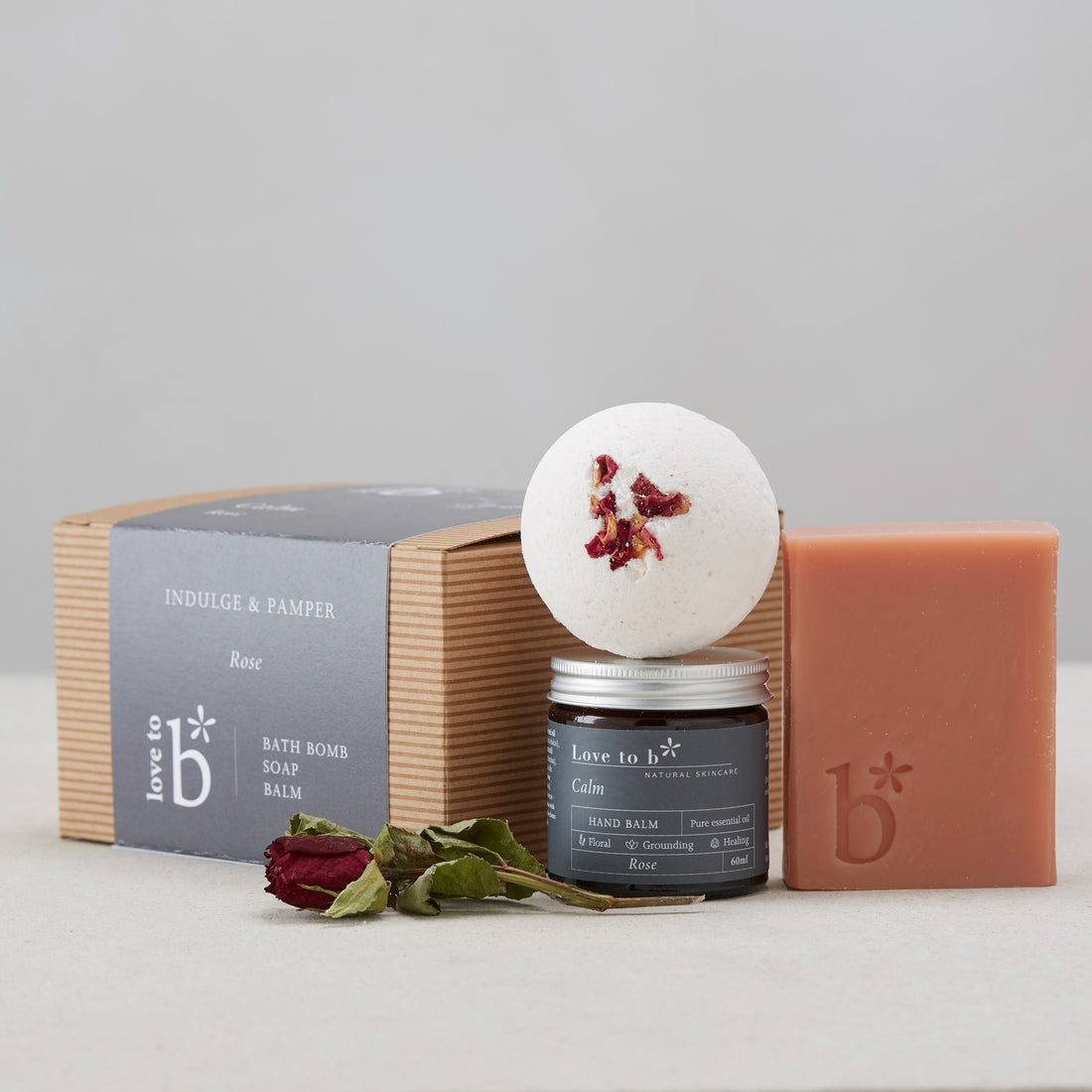 Love to b Natural Skincare Calming Indulge &amp; Pamper Gift Set with Calming Rose Bath Bomb, Calming Rose Hand Balm &amp; Rose Soap