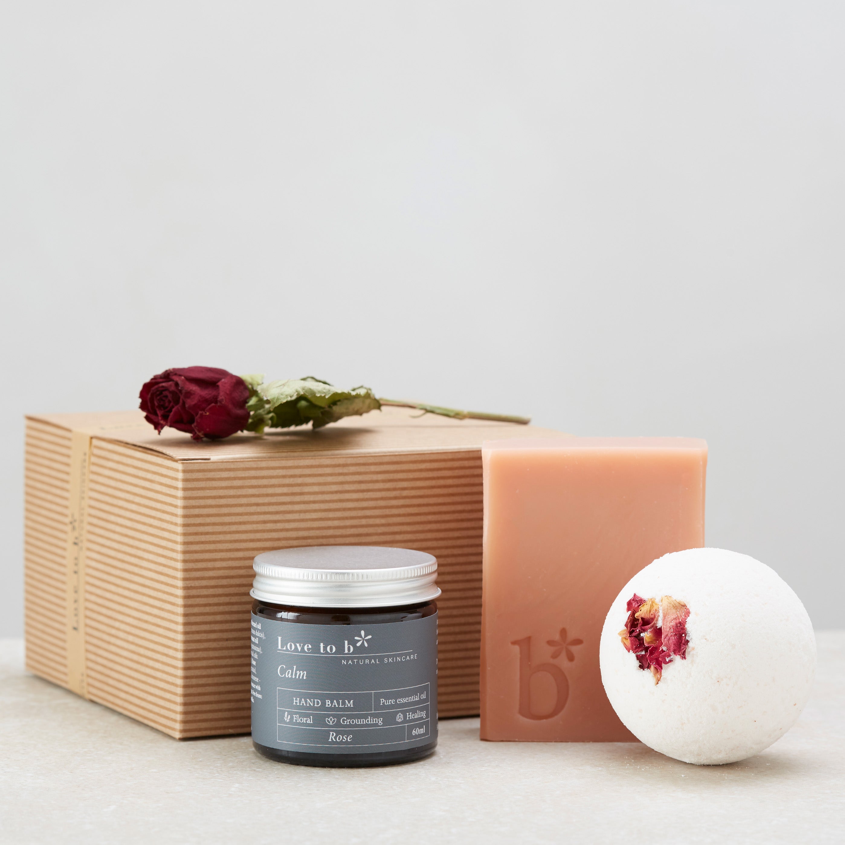 Love to b Natural Skincare Calming Indulge &amp; Pamper Gift Set with Calming Rose Bath Bomb, Calming Rose Hand Balm &amp; Rose Soap