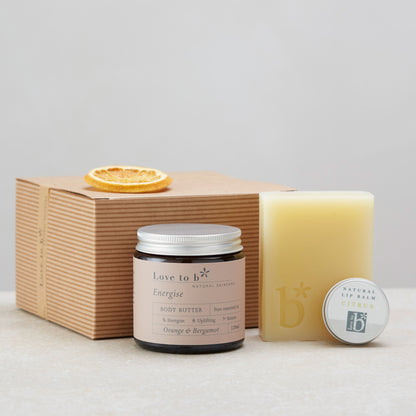 Love to b Natural Skincare Energising Indulge &amp; Pamper Gift Set with Energising Body Butter, Citrus Lip Balm &amp; Energise Citrus Soap Bar