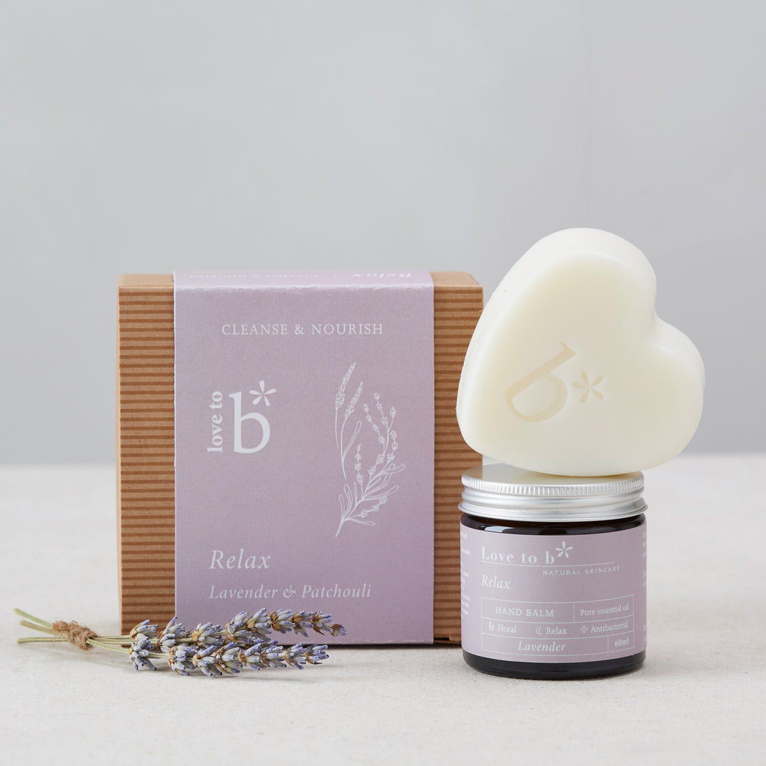 Love to b Natural Skincare Relaxing Lavender &amp; Patchouli Cleanse &amp; Nourish Gift Box with Relaxing Lavender Hand Balm &amp; Relaxing Lavender Heart Shaped Soap