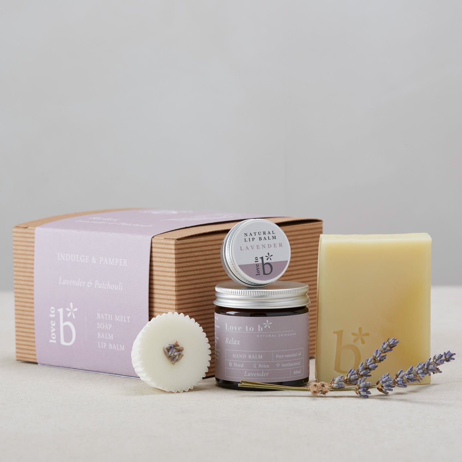 Love to b Natural Skincare Relaxing Lavender Indulge &amp; Pamper Gift Set with Relaxing Lavender Hand Balm, Lavender Bath Melt, Natural Lavender Lip Balm &amp; Lavender Soap Bar